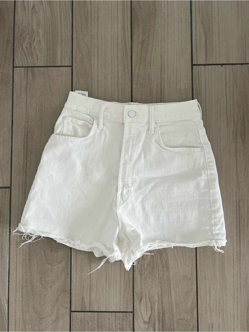 Mother White Denim High-Rise Frayed Hem Shorts
